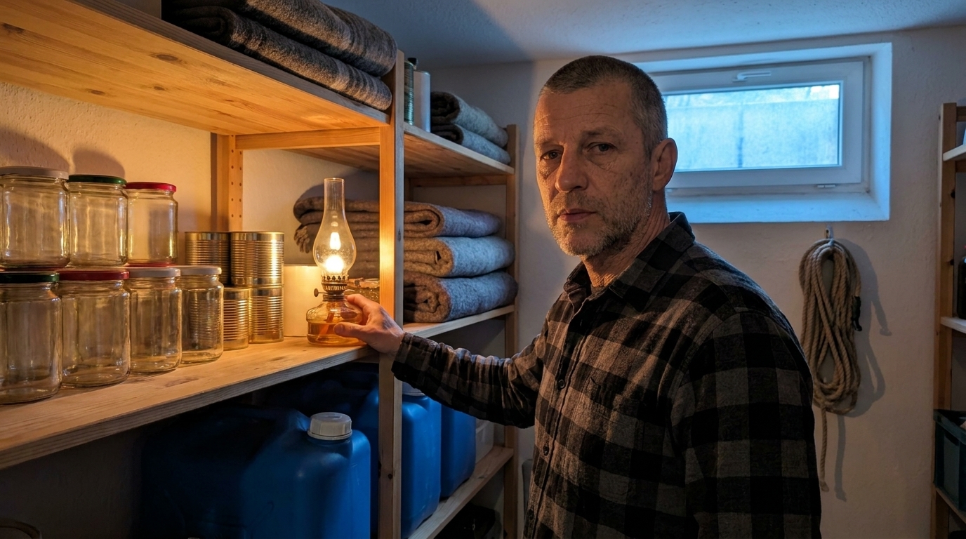 Kai Brandt am Vorratsregal mit einer Petroleumlampe