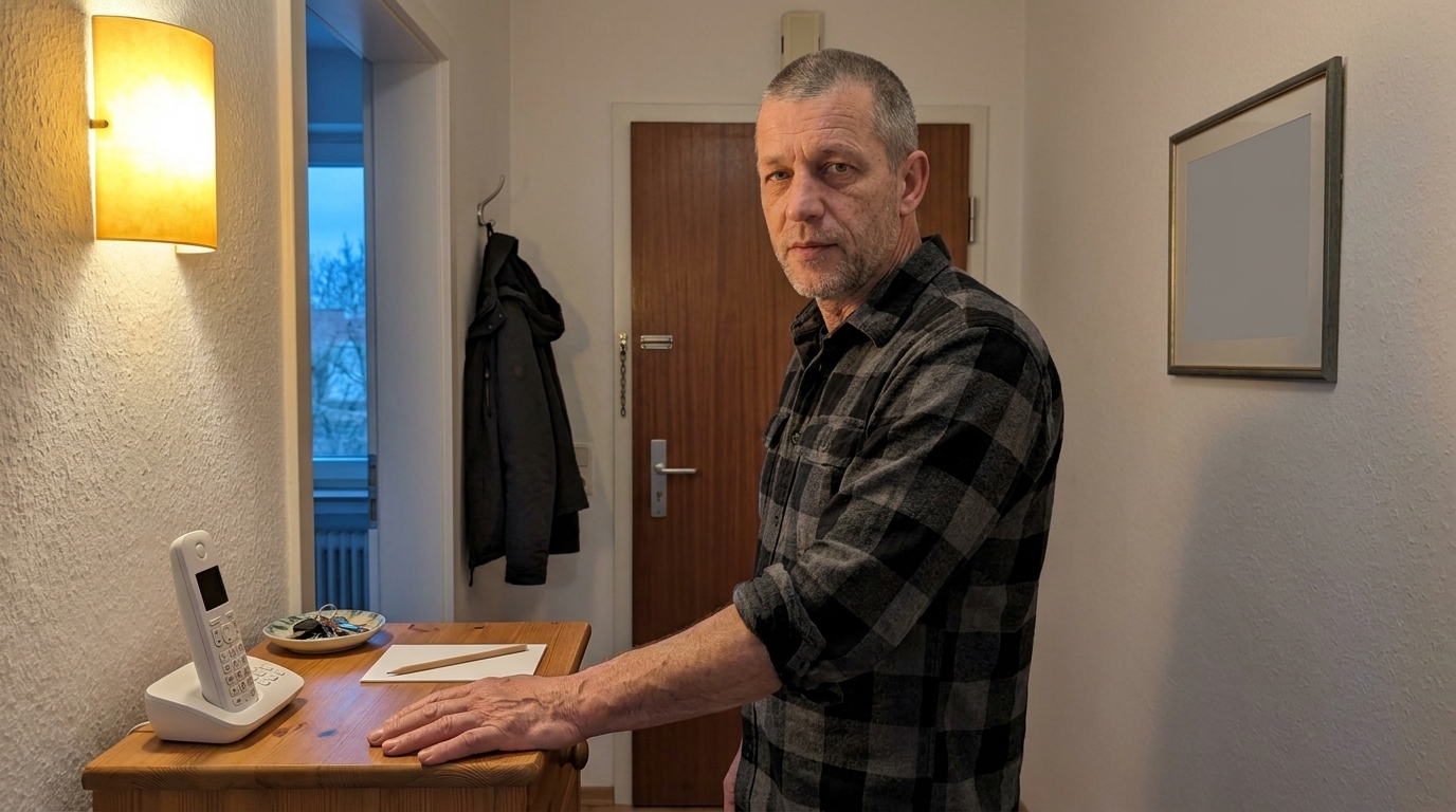 Kai Brandt im Flur am Telefontisch neben der Wohnungstür